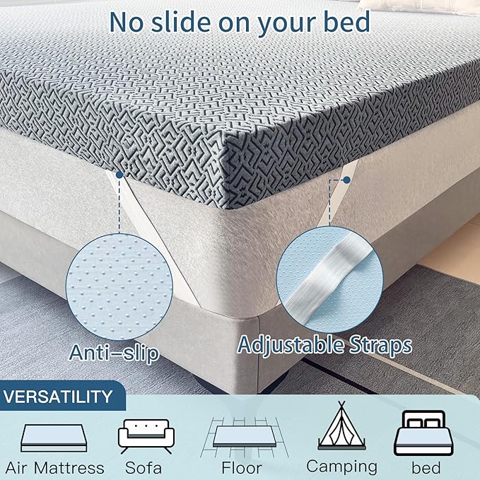 Airensky 4 Inch Memory Foam Mattress Topper, Cooling Gel Infused High Density Full (54"x75") Topper with Removable Cover, Bed Topper for Pressure Relief Back Pain, CertiPUR-US Certified, Gray
