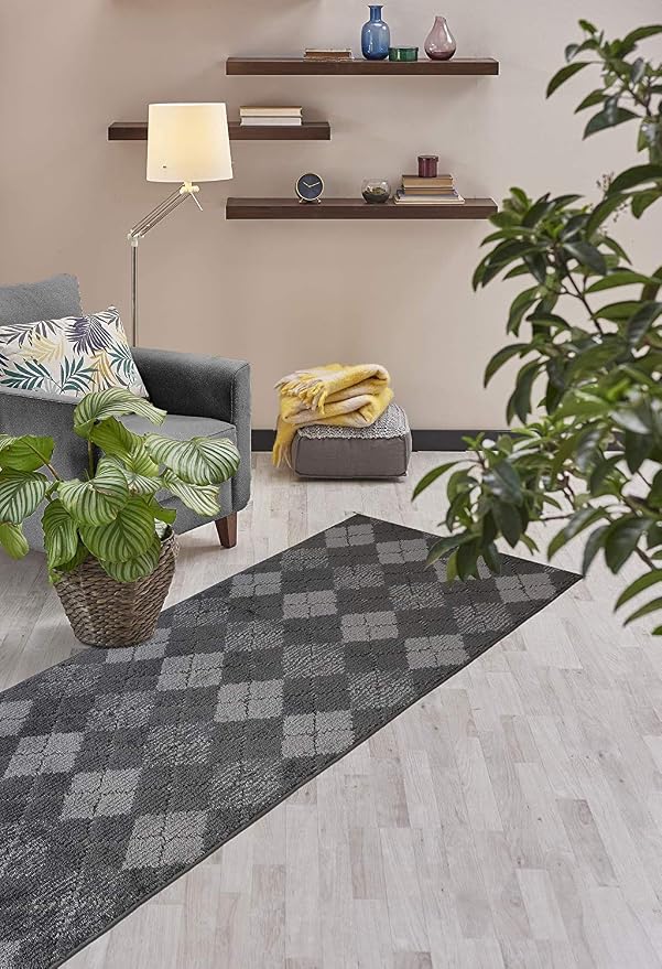 Custom Length Hallway Runner Rug, Slip Resistant, Squares Anthracite, 26 Inch X - Image 4