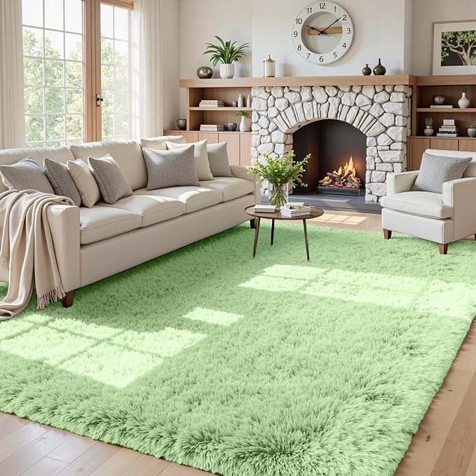 5x7 Fluffy Shag Area Rugs for Living Room Bedroom: Soft Carpet Mint Green | by CarpetAddColortoYourLife