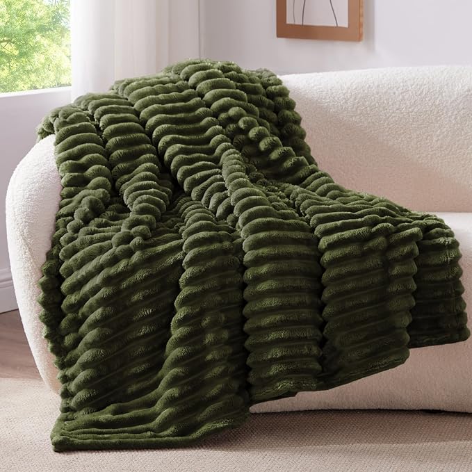 BEDELITE Striped Fleece Throw Blanket, Olive Green, Soft Cozy, Lightweight Warm - Image 3