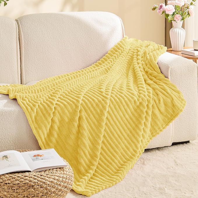 BEDELITE 3D Ribbed Light Yellow Fleece Twin Blanket - Image 8