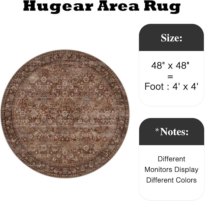 4ft Round Brick Red Vintage Floral Washable Rug - Image 2