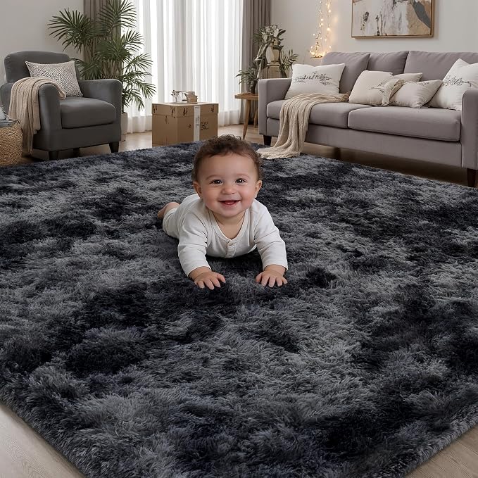 PLHXFR 5x7 Area Rugs Living Room: Fluffy Bedroom Soft Shag Rug Black Grey | by PLHXFRSoftAreaRugs
