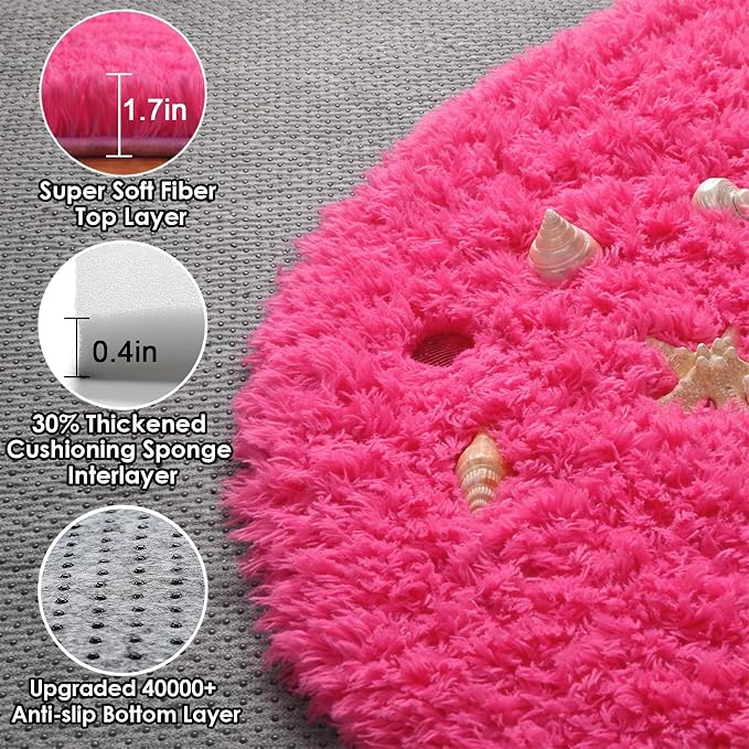 Hot Pink Round Rugs 5ft for Bedroom Living Room, Fluffy Circle Area Rug for - Image 2