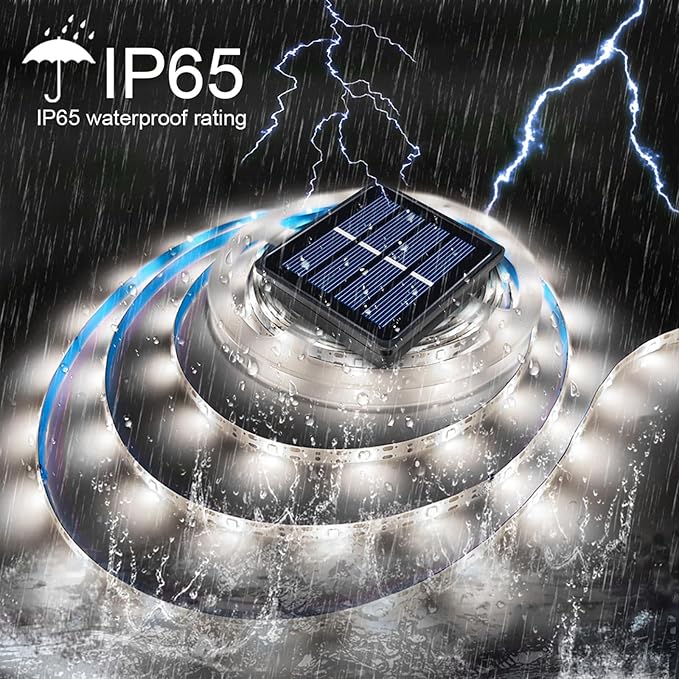 2 Pack Solar LED Strip Lights Outdoor Waterproof 19.6FT 180 LED Solar Powered Rope Light Cuttable 8 Modes for Outside, Garden, Patio, Deck, Fence, Pathway, Stair, Poolside, Halloween, 6000K White