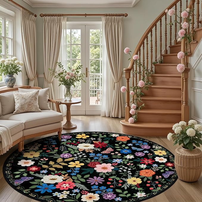 PLHXFR Round Area Rug Living Room: 8 ft Floral Washable Soft Carpet Black | - Image 5