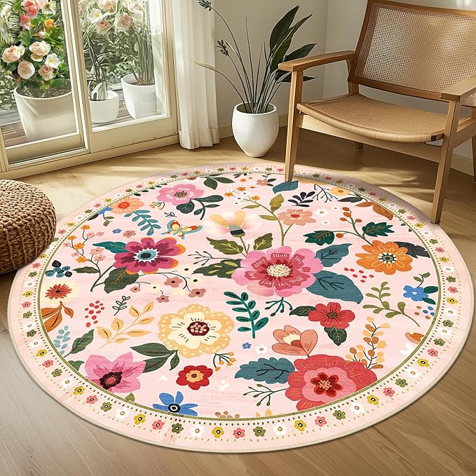 RELEANY Floral Washable Round 4ft Area Rug Pink | Flower Carpet Print Boho Cute - Image 2