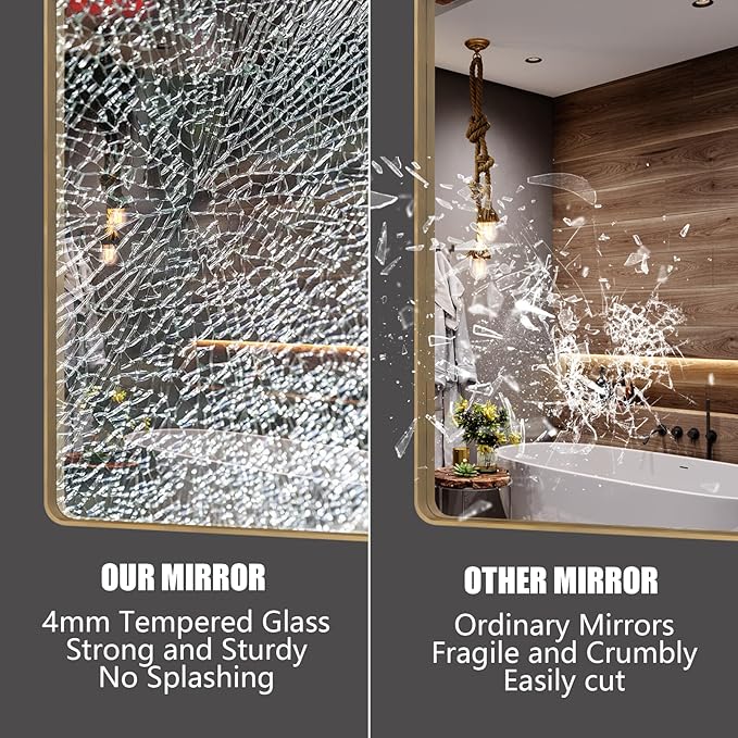 44x30 Gold Framed Mirror for Bathroom, Brushed Gold Brass Bathroom Mirror, Rectangle Gold Bathroom Vanity Mirror for Wall, Shatterproof, Anti-Rust, Hangs Horizontally or Vertically