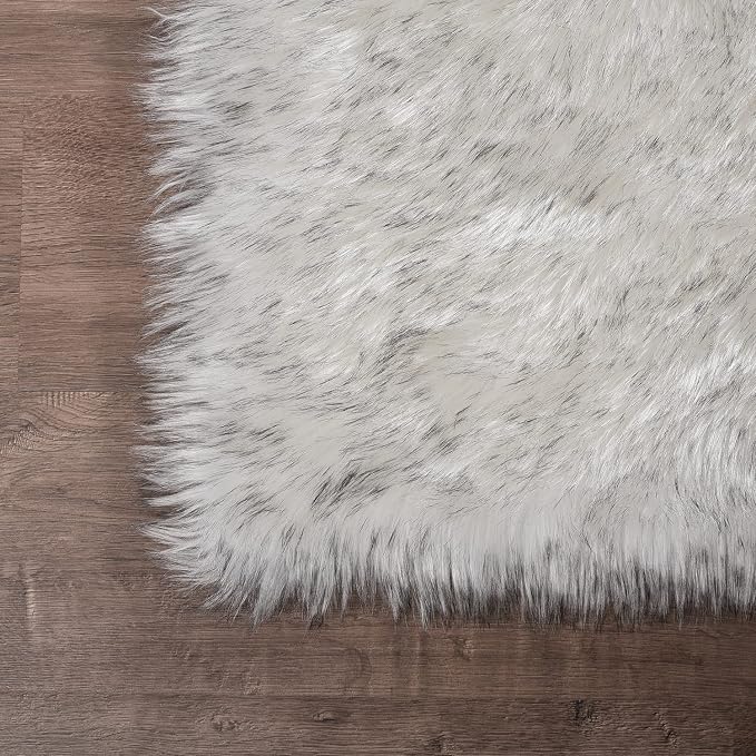 Latepis White and Grey Tips Faux Fur 8'10"x11'10" Area Rug, Soft Plush Faux Fur - Image 6