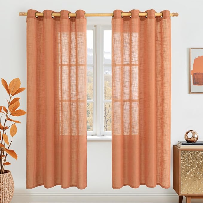 Burnt Orange Sheer Linen Curtains 80 inch Length, Light Filtering Linen Boho by LAMIT