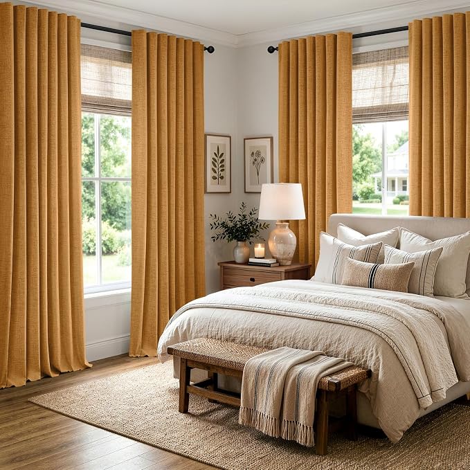 MIULEE Fall 100% Blackout Linen Curtains 42" x 96" Mustard Yellow 2 Panels | - Image 8