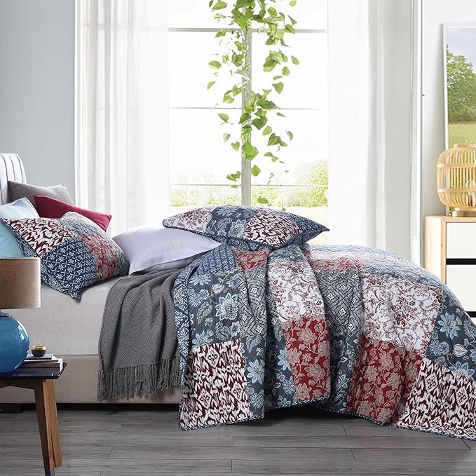 Secgo Queen Comforter Set for Bed - 100% Cotton Quilts Queen Size, Burgundy Bedspreads (90 * 98 Inch) with 2 Pillow Shams, Patchwork Reversible Lightweight Bedding