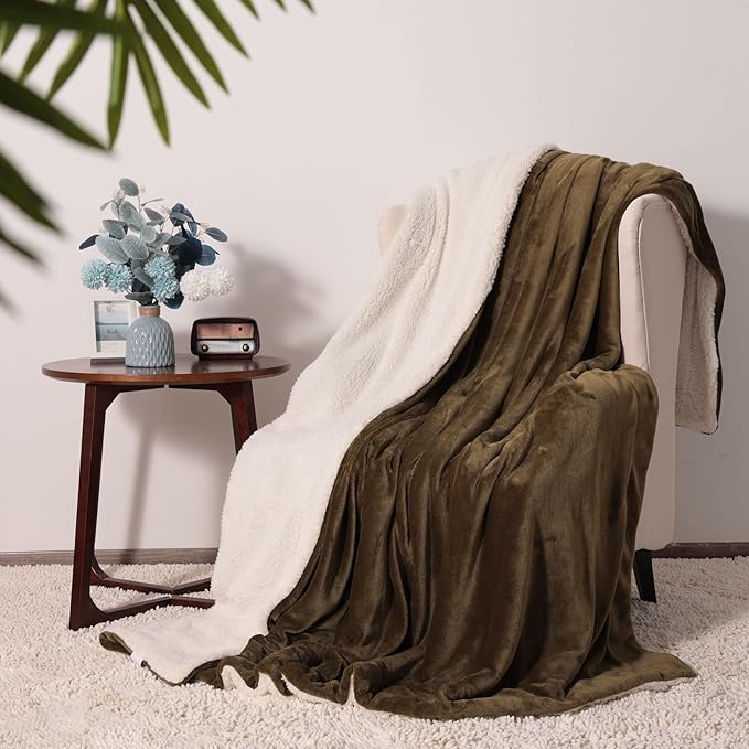 NANPIPER King Size Sherpa Blanket, Soft Fleece Throw for Bed, Reversible Thick Fuzzy Blanket for Winter (Military Olive Green, 90x108 inches)