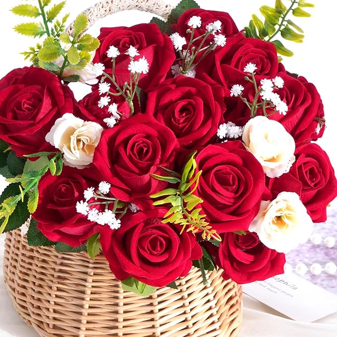 BLEUM CADE 50 Pcs Red Roses Artificial Flowers, Real Touch Velvet Roses Fake Flowers Bulk, Artificial Roses Bouquet with Long Stems Bridal DIY Wedding Party Centerpiece Decorations