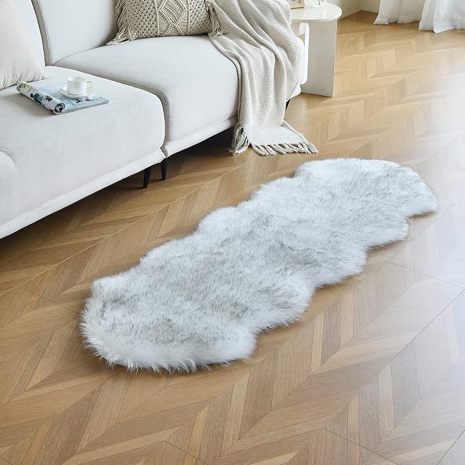 White Black Faux Sheepskin Runner Rugs 2x6 ft, Fluffy Fur Couch Covers | Shag - Image 5