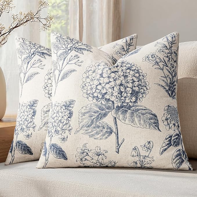 Set of 2 Decorative Floral Pillow Covers 20x20 Inch Light Blue | Neutral by SWANCOCO