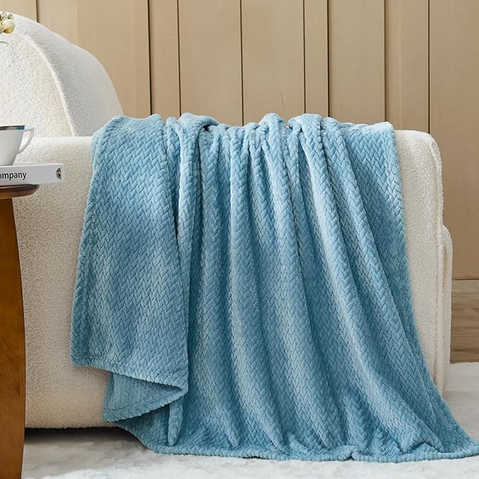 NEWCOSPLAY Super Soft Queen Blanket Light Blue Premium Silky Flannel Fleece Leaves Pattern Lightweight Bed Blanket All Season Use (Light Blue, Queen(90"x90"))
