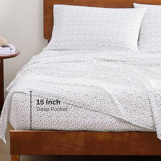 LANE LINEN 100% Organic Cotton Printed King Bed Set, All Season Crisp Percale Weave, Ultra Soft & Comfy Mercerized Cotton Bedding Sheets & Pillowcase Set King Size Printed Sheets - Haze Grey
