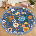 RELEANY Floral Washable Round 4ft Area Rug Blue/Grey | Flower Carpet Print Boho by RELEANY