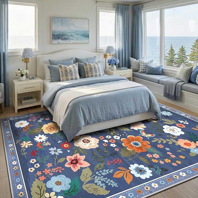 RELEANY Floral Washable 8x10 Area Rugs Blue/Grey | Flower Carpet Print Boho - Image 8
