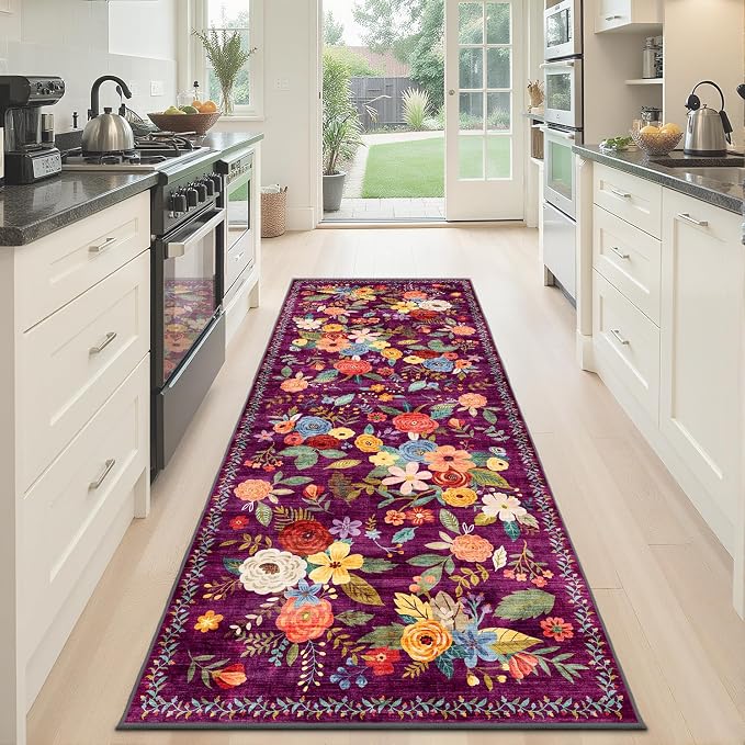 Purple Hallway Runner Rug 2x6 for Kitchen Bathroom | Rubber Backing; Non Slip; - Image 6