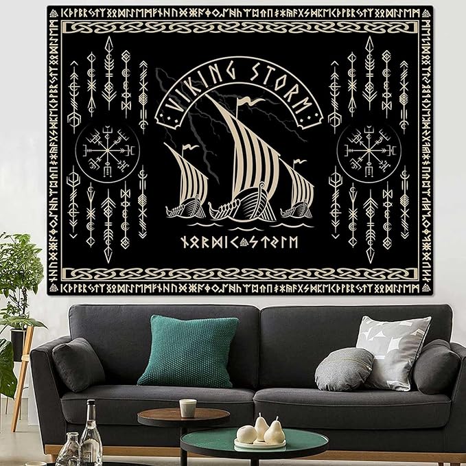 OSUNBD Viking Warship Tapestry Wall Hanging - Small 60x40inches Storm & Celtic Runes on Soft Flannel Aesthetic Mythology Tapestries Norse Mythology Art for Bedroom, Living Room Decor