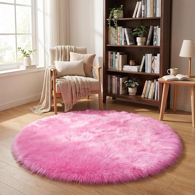 duduta Hot Pink Faux Fur Sheepskin Round Rug 4x4 ft, Fluffy Shag Circle Rug | - Image 6