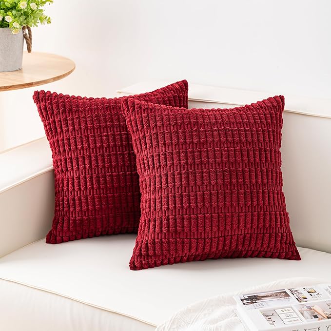 Pack of 2 Corduroy Decorative Throw Pillow Covers 20x20 Inch, Wine Red | Fall by Unknown