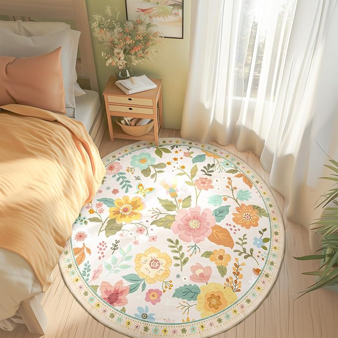 RELEANY Floral Washable Round 8ft Area Rug Beige/White/Orange | Flower Carpet - Image 6