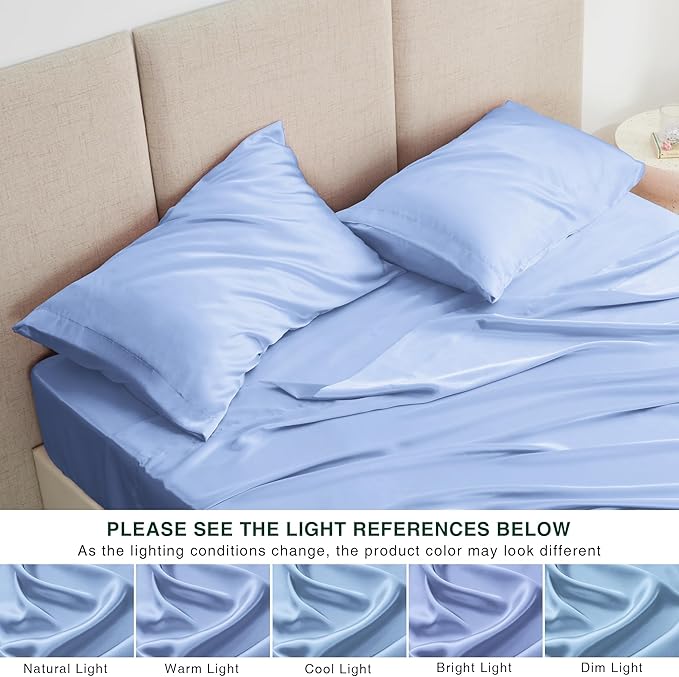 Love's cabin Satin Sheet Set - 3 Piece Sky Blue, Luxury Silky Feel, Twin Size, Deep Pockets, Wrinkle Resistant