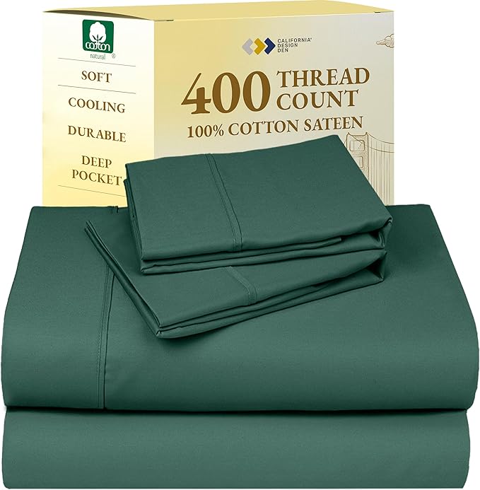 California Design Den Natural 100% Cotton Sheets, Soft Queen Sheet Set, 400 Thread Count Sateen, Deep Pockets with All-Around Elastic for a Snug Fit, Cool & Durable Bedding Set - Hunter Green