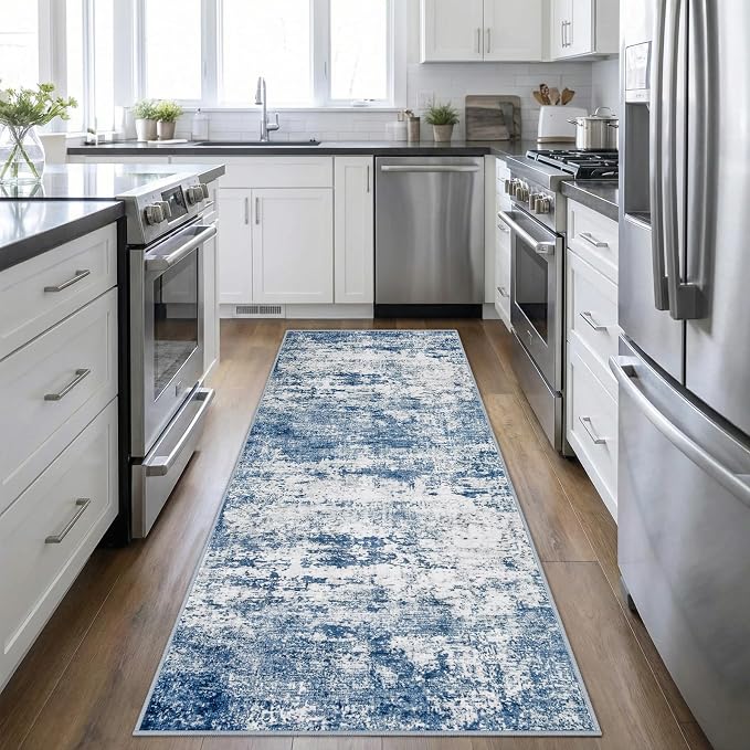 2.6x8 Washable Runner Rug：Modern Abstract Kitchen Soft Carpet Blue | by FXRHLP