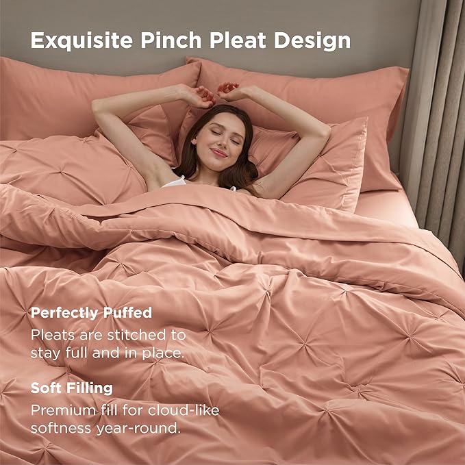 Bedsure Twin Comforter Set Dusty Pink - Bed in a Bag Twin Size Bedding 5 Pieces, GentleSoft™ Pintuck Bed Set Gift for Family, Pinch Pleat Dusty Pink Comforter with Sheets, Pillowcase & Sham
