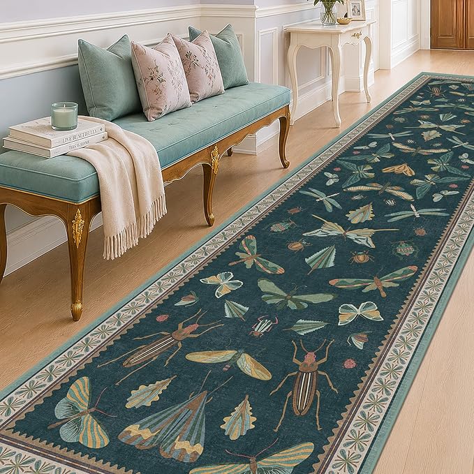 Vintage Green Runner Rug for Hallway 3x12, Washable Foldable Boho Carpet for by HazoHaus