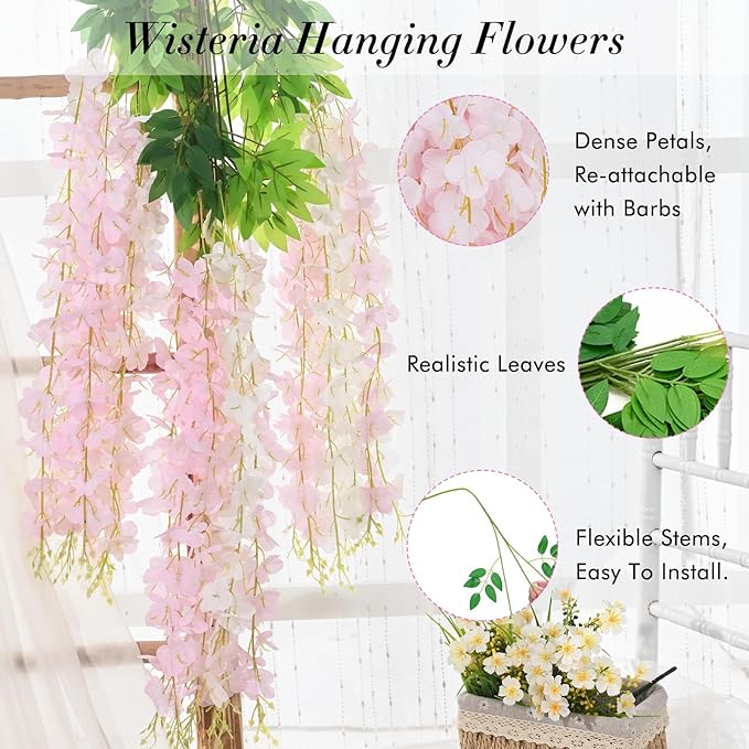 60 Pack White Pink Wisteria Hanging Flowers, Fake Hanging Flowers for Decoration, Artificial Flowers,Vines for Bedroom,Flower Garland for Home,Party,Garden, Wall,Wedding Decoration(3.6 Ft/Pcs)