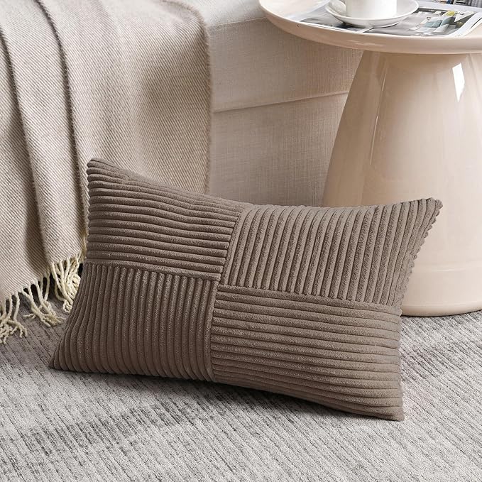 Fancy Homi Set of 2, Light Brown Patchwork Corduroy Decorative Soft Striped - Image 2