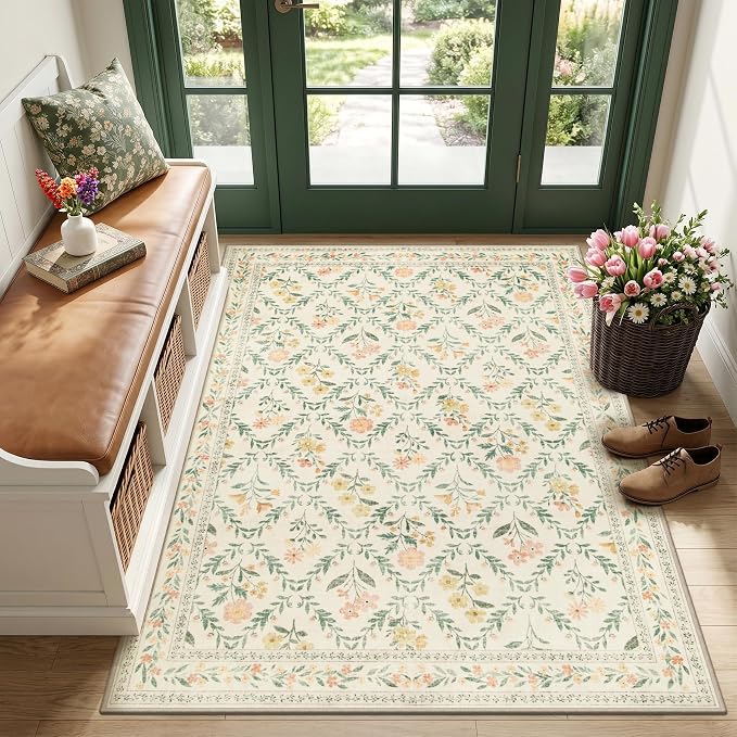 PLHXFR Area Rug Living Room: 3x5 Floral Washable Boho Carpet Beige Multi | by PLHXFRSoftAreaRugs
