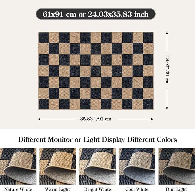 Lahome Checkered Easy Jute Front Door Mat, 2x3 Kitchen Outdoor Rug Washable | - Image 2