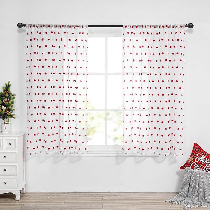 MYSKY HOME Red Pom Pom Curtains for Kitchen 45 Inch Long Bedroom Curtains Christmas Small Windows Light Filtering Sheer Curtains for Nursery Short Cafe Bathroom Privacy Rod Pocket 2 Panels 52 x 45 in