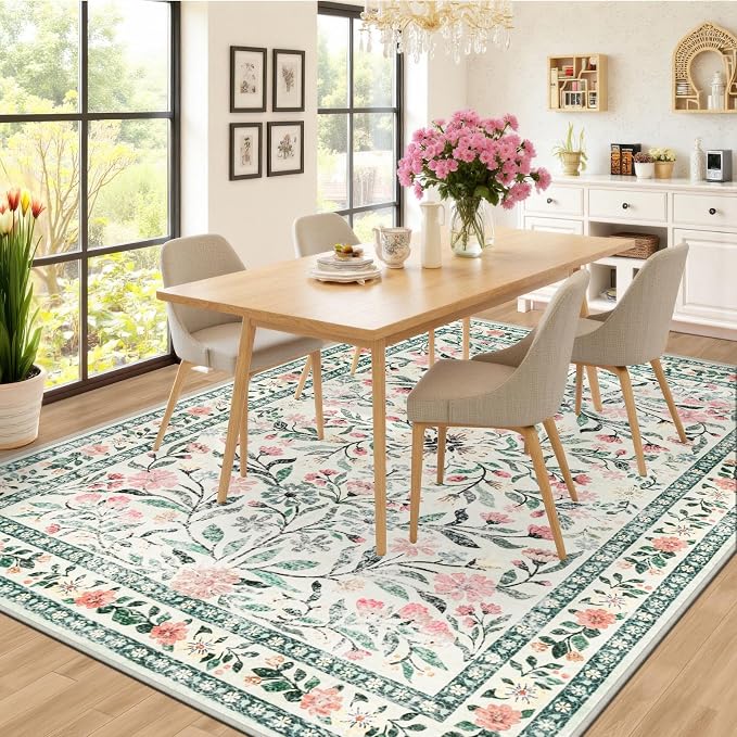 PLHXFR 8x10 Area Rug Living Room: Floral Washable Boho Carpet Green Beige | - Image 4