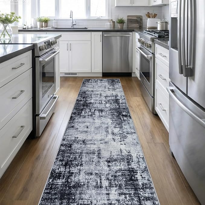 2.6x14 Washable Runner Rug:Modern Abstract Soft Carpet Dark Black | by FXRHLP