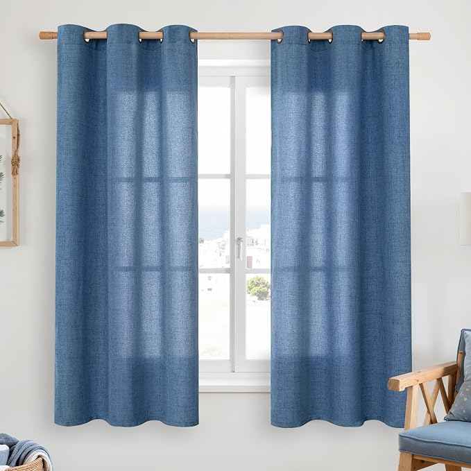 YoungsTex Navy Blue Linen Curtains 48 Inch Length, Short Light Filtering Semi by YoungsTex