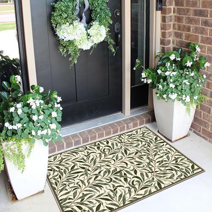 Front Door Mat Outside Entrance, 2x3 Boho Sage Olive Green Leaf Rug | Non-Slip - Image 4