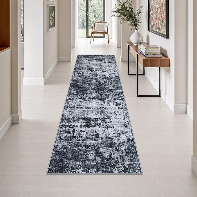 2.6x10 Washable Runner Rug:Modern Abstract Indoor Carpet Black | by FXRHLP