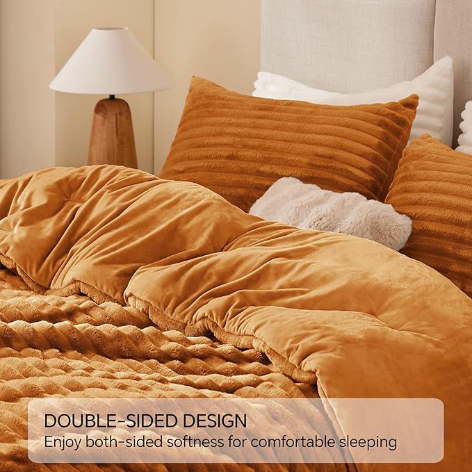 BEDELITE Fleece King Comforter Set -Super Soft & Warm Fluffy Rust Orange Bedding, Luxury Fuzzy Heavy Bed Set for Winter with 2 Pillow Cases