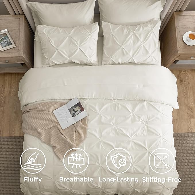 Bedsure California King Comforter Set - Cal King Bed Set 7 Pieces, Pinch Pleat Ivory Cali King Bedding Set with Pintuck Comforter, Sheets, Pillowcases & Shams
