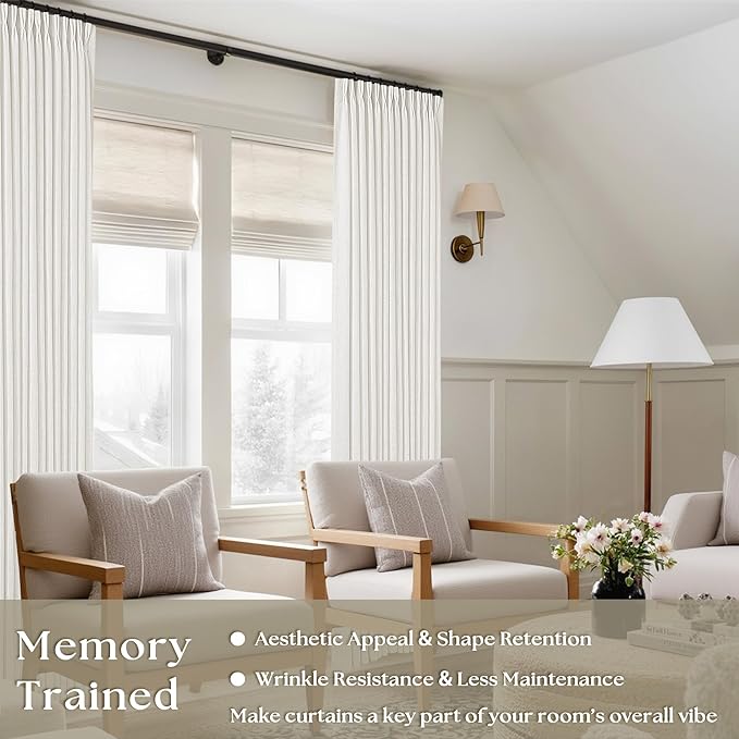 Beige White Linen Curtains Pinch Pleated 84 Inches Long 2 Panels | Pleat - Image 2