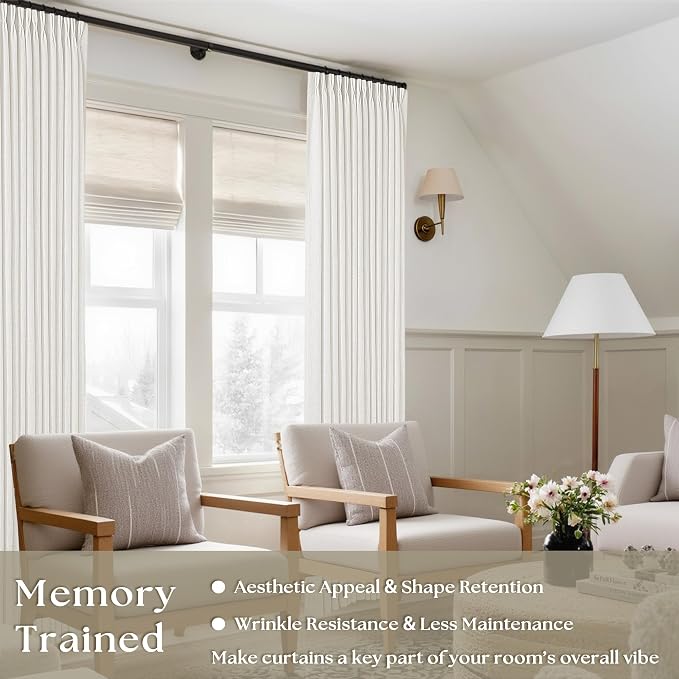 Beige White Pinch Pleated Linen Curtains 2 Panels 100 Inches Long | Memory - Image 2