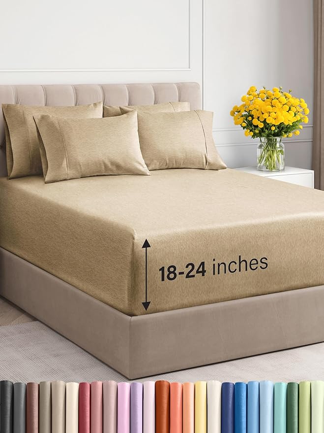 Extra Deep Full Sheet Set - 6 Piece Breathable and Cooling Sheets - Hotel Luxury Bed Sheets Set - Easy Fit - Soft, Wrinkle Free and Comfy Sheets Set - Heathered Tan Sheet Set with Extra Deep Pockets