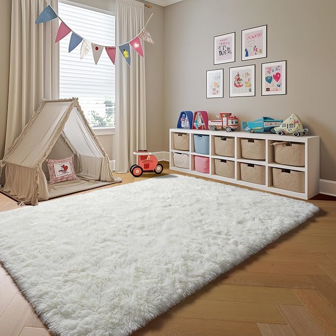 Cream White Rugs for Living Room Bedroom, 5x8 Fluffy Bedside Area Rug, Soft - Image 9